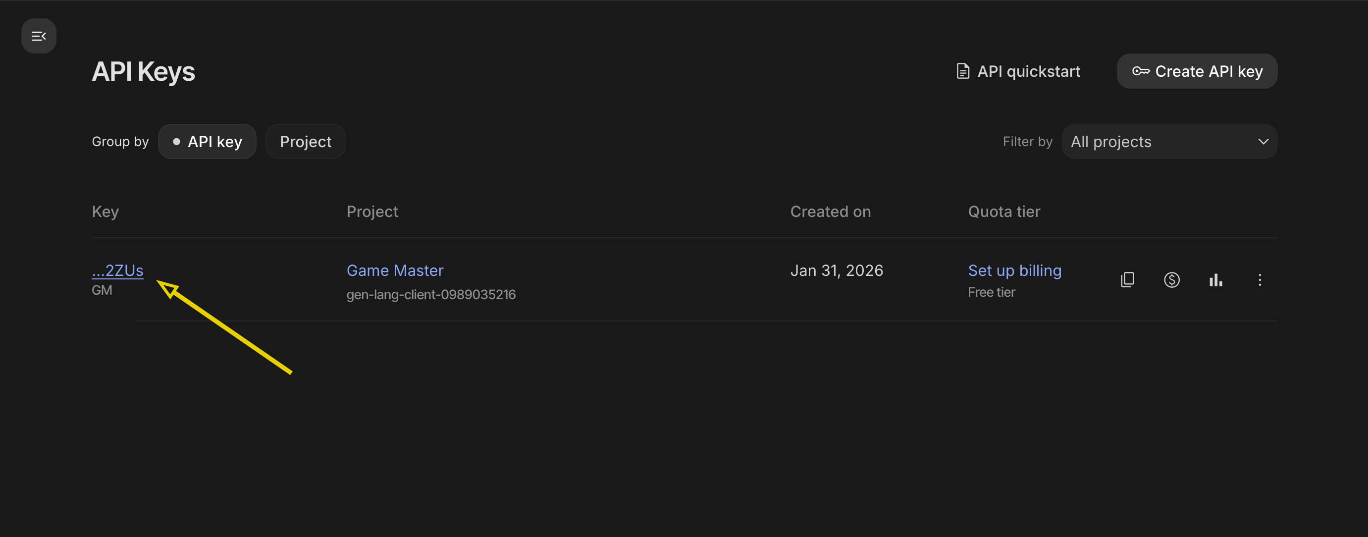 Select API Key Link